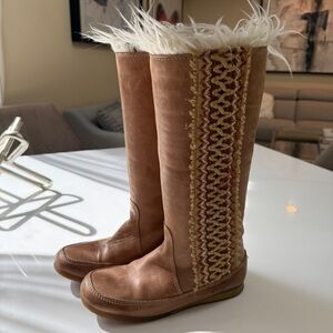 Boho Tan Leather Boots with Sheepskin and Embroidery